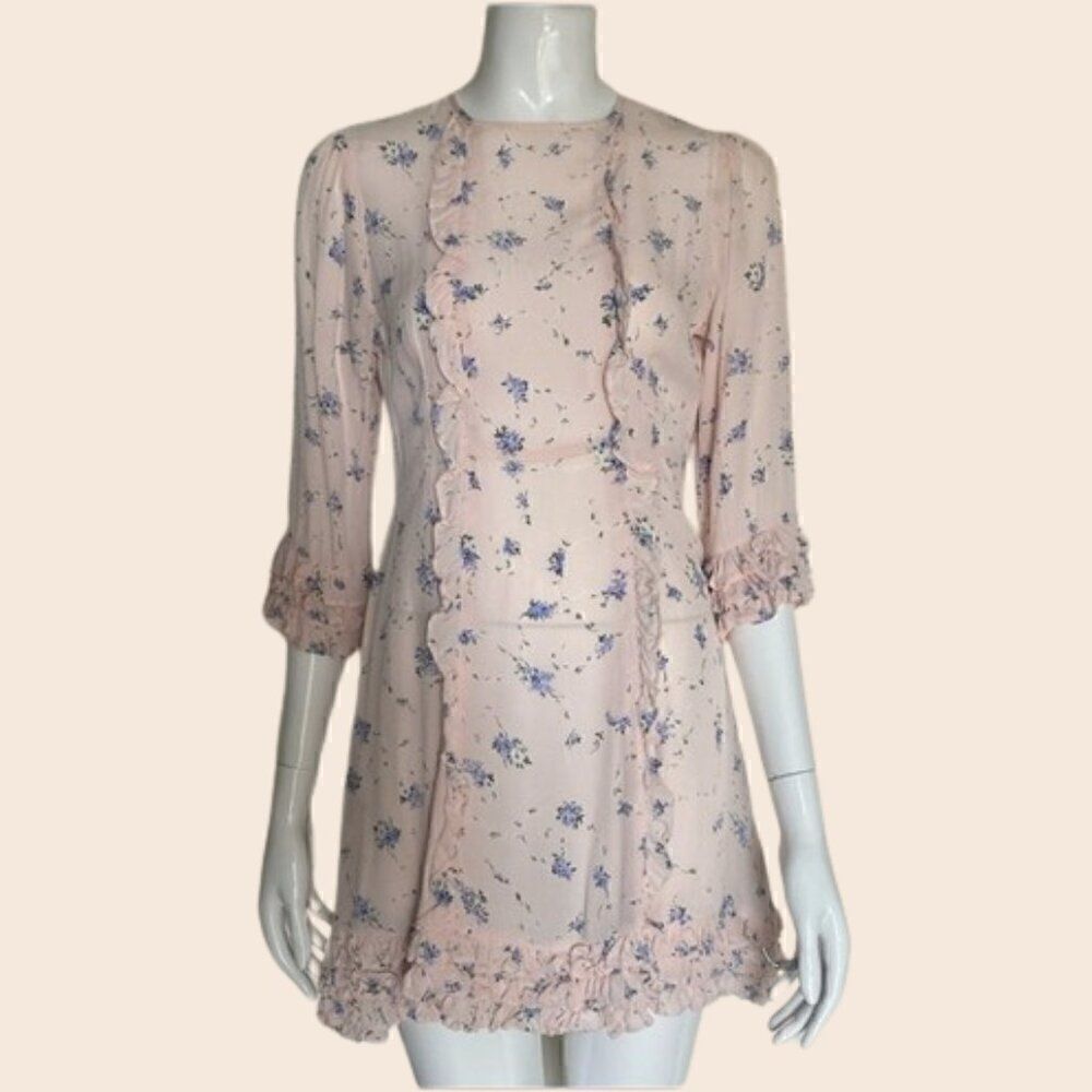 By Timo Pastel Pink Floral Cottagecore Style Mini Ruffle Dress Size Small